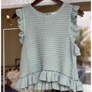 Mable Crochet Knit Top Shirt Ruffle Sleeve Sage Green Women’s M
